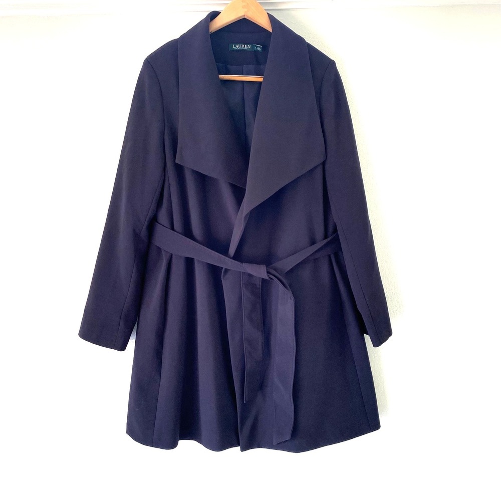 Lauren Ralph Lauren Womens Belted Coat Large crepe Drape Front Wrap jacket Blue